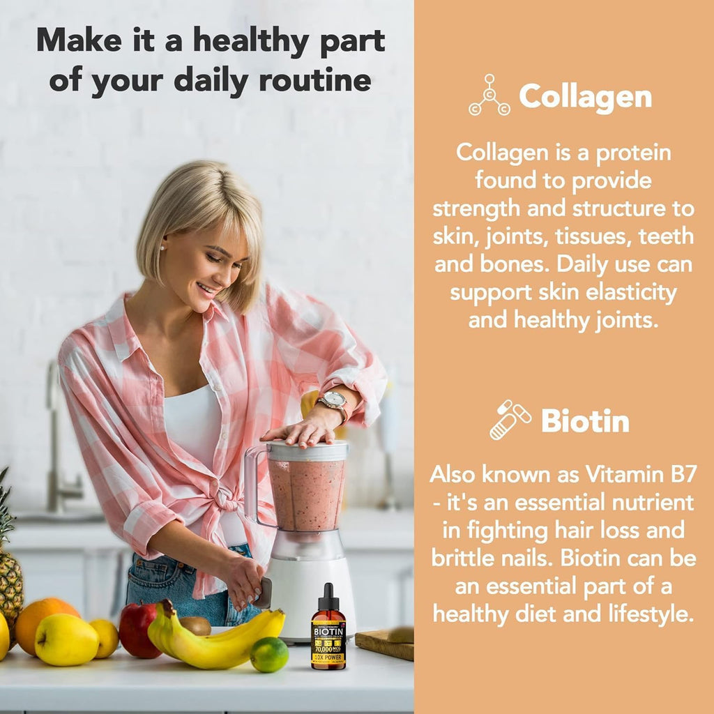 Super Natural Goods Liquid Biotin & Collagen 70,000mcg Hair Growth Vitamin Drops - Radiant Skin, Strong Nail Support - High Potency Hair Loss Supplement for Damaged Strands, for Men & Women (4oz)