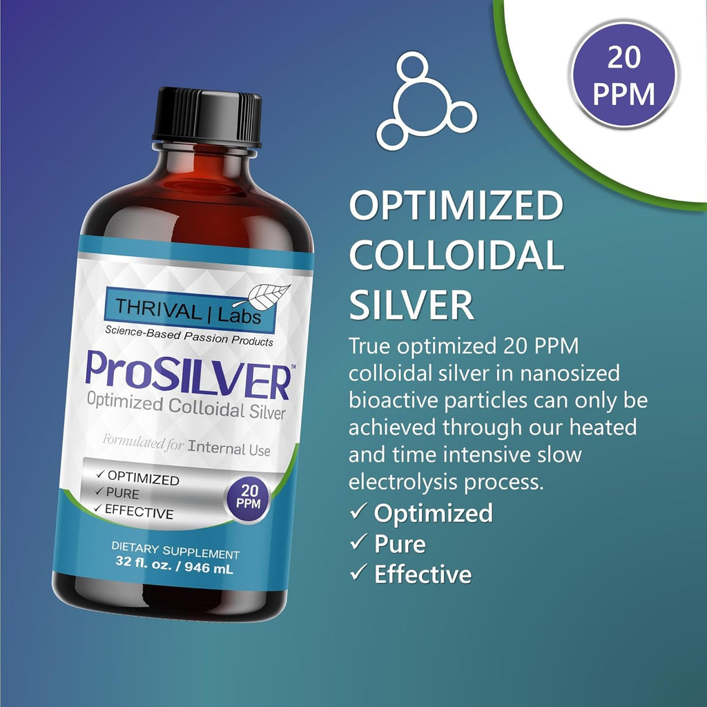 ProSILVER Blue Label 20 PPM True Colloidal Silver Liquid (32oz), Optimized Bio-Active Nano-Sized Liquid Silver for Immune Support, Dark Glass Bottle - Thrival Labs (Plata coloidal)