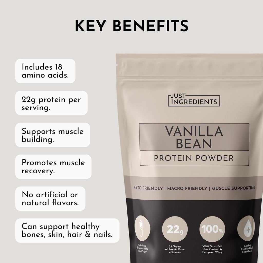 JUST INGREDIENTS Vanilla Bean Protein Powder – 20-Serving Blend with 100% Grass-Fed Whey & Organic Plant Proteins – Real Vanilla Bean & Cinnamon – Supports Muscle Recovery, Energy*