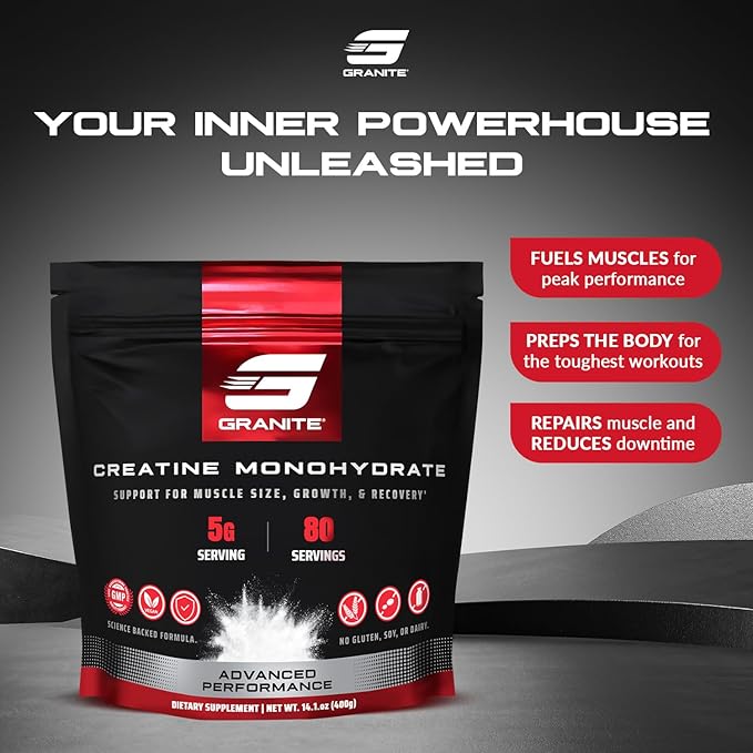 Granite Creatine Monohydrate, Supports Strength, Endurance, & Muscle Recovery, Creatine for Men & Women, Soy-Free, Dairy-Free, Gluten-Free (80 Servings)