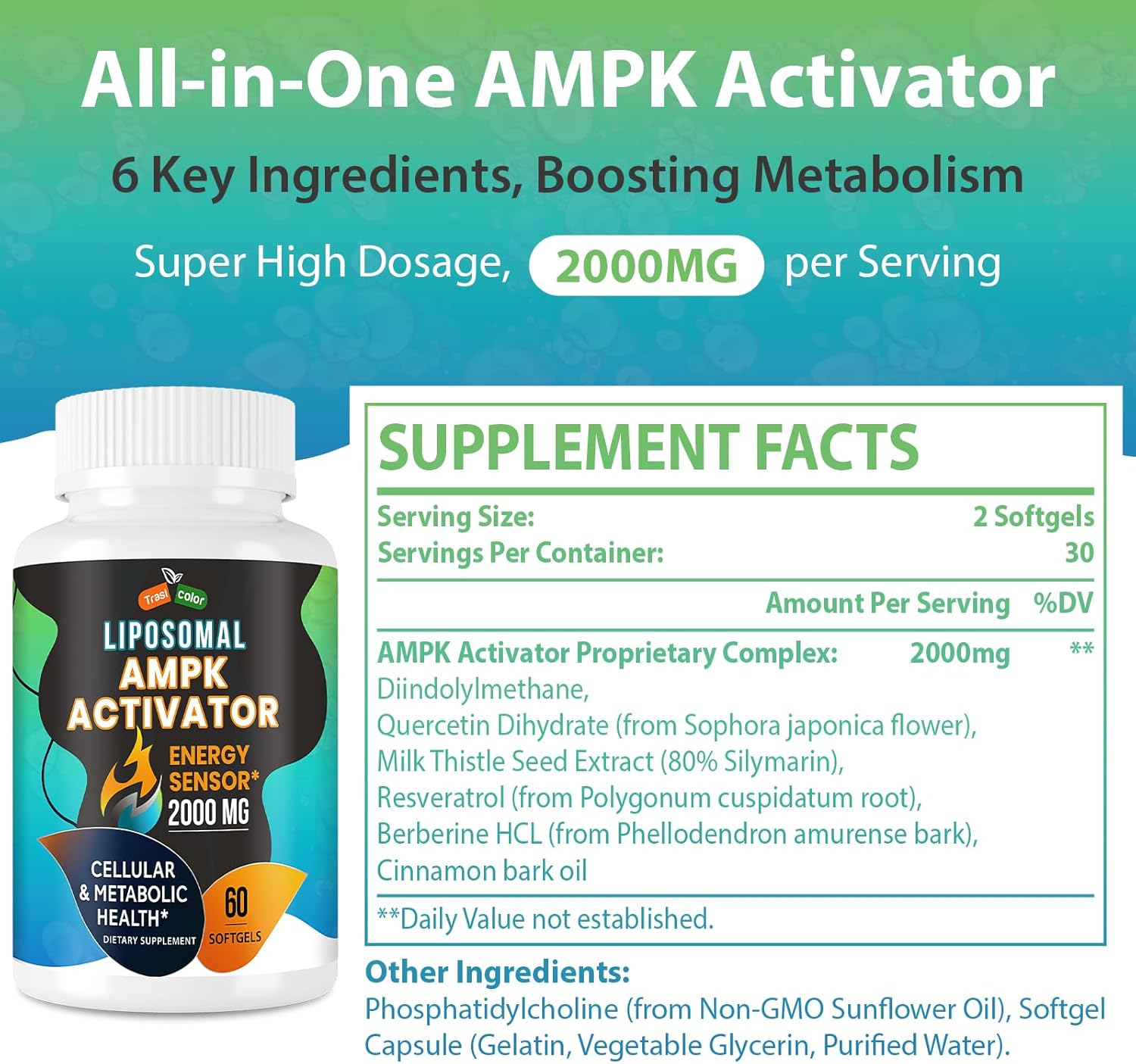 AMPK Activator Supplement 2000mg- Liposomal Technology - High Absorption Berberine, DIM, Resveratrol, Quercetin, Milk Thistle, Cinnamon- 120 Softgels for Energy & Cellular Support