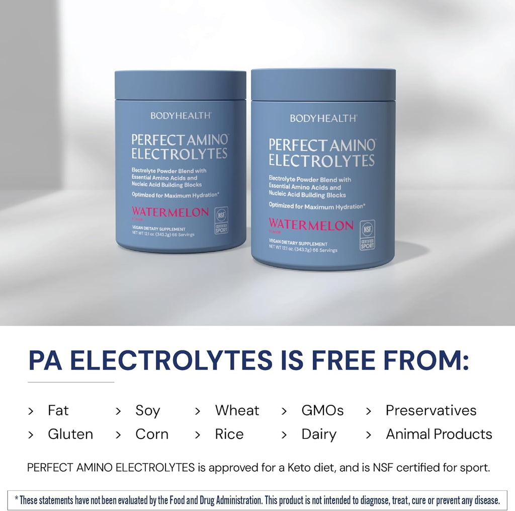 BodyHealth PerfectAmino Electrolytes Powder No Sugar, Hydration Fasting Keto Zero Sugar Electrolytes Drink Mix with Trace Minerals - NSF Certified for Sport - Watermelon - 66 Servings