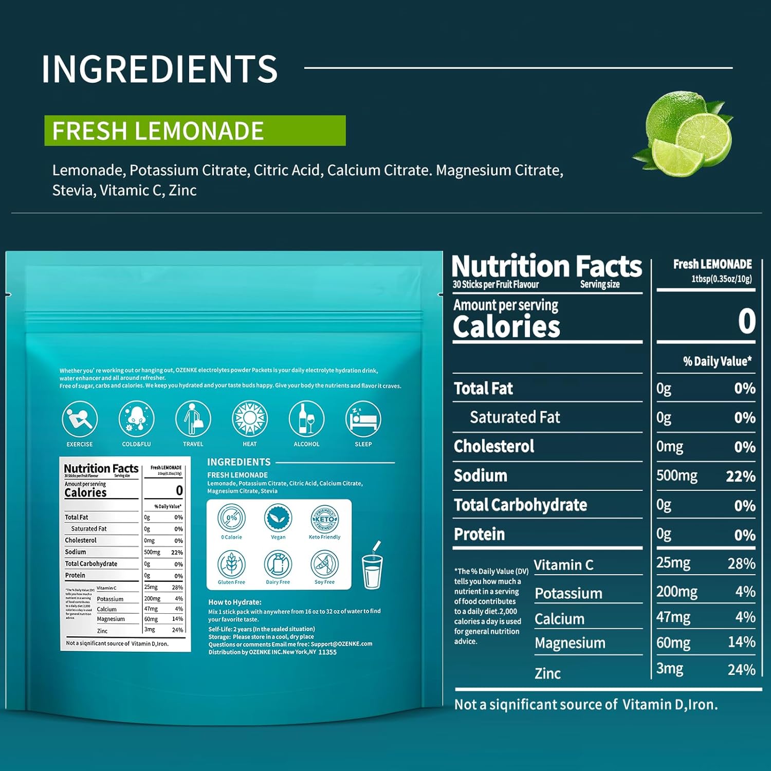Electrolytes Powder Packets,30 Sticks Hydration Packets Sugar Free, Electrolyte Drink Mix Portable Electrolyte Packets for Rapid Hydration, 0 Sugar & 0 Calorie, Lemonade Flavor
