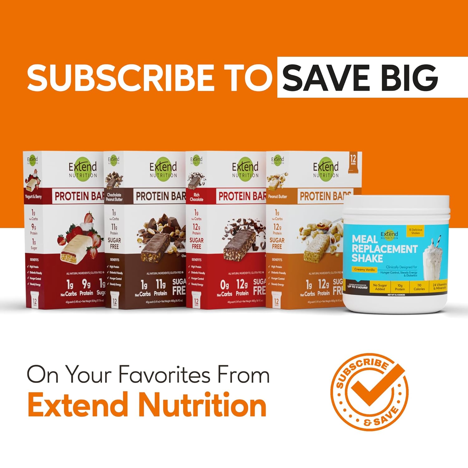 Extend Sugar Free Protein Bars, Perfect Diabetic Snacks, High Protein and Fiber, Hunger Control & Steady Energy, Low Carb, Keto Friendly (Peanut Butter)
