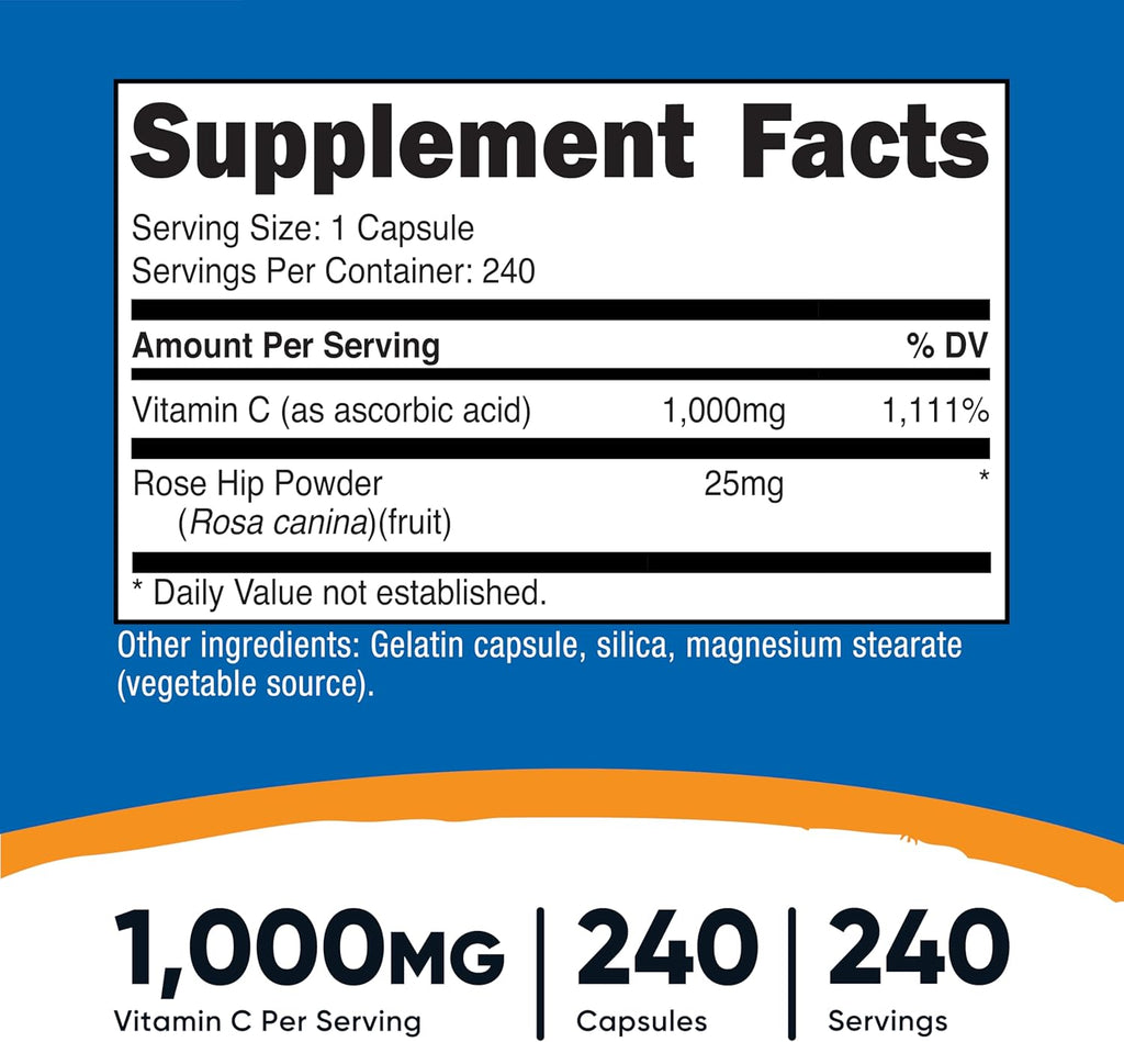 Nutricost Vitamin C with Rose HIPS 1025mg, 240 Capsules (2 Bottles) - Premium Non-GMO, Gluten Free Vitamin C Supplement