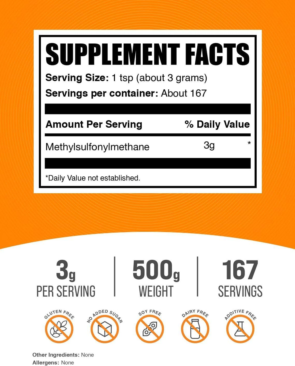 BulkSupplements.com MSM Powder - Methylsulfonylmethane, MSM Supplement, Nutritional Supplement - Gluten Free, 3g per Serving, 500g (1.1 lbs) (Pack of 1)