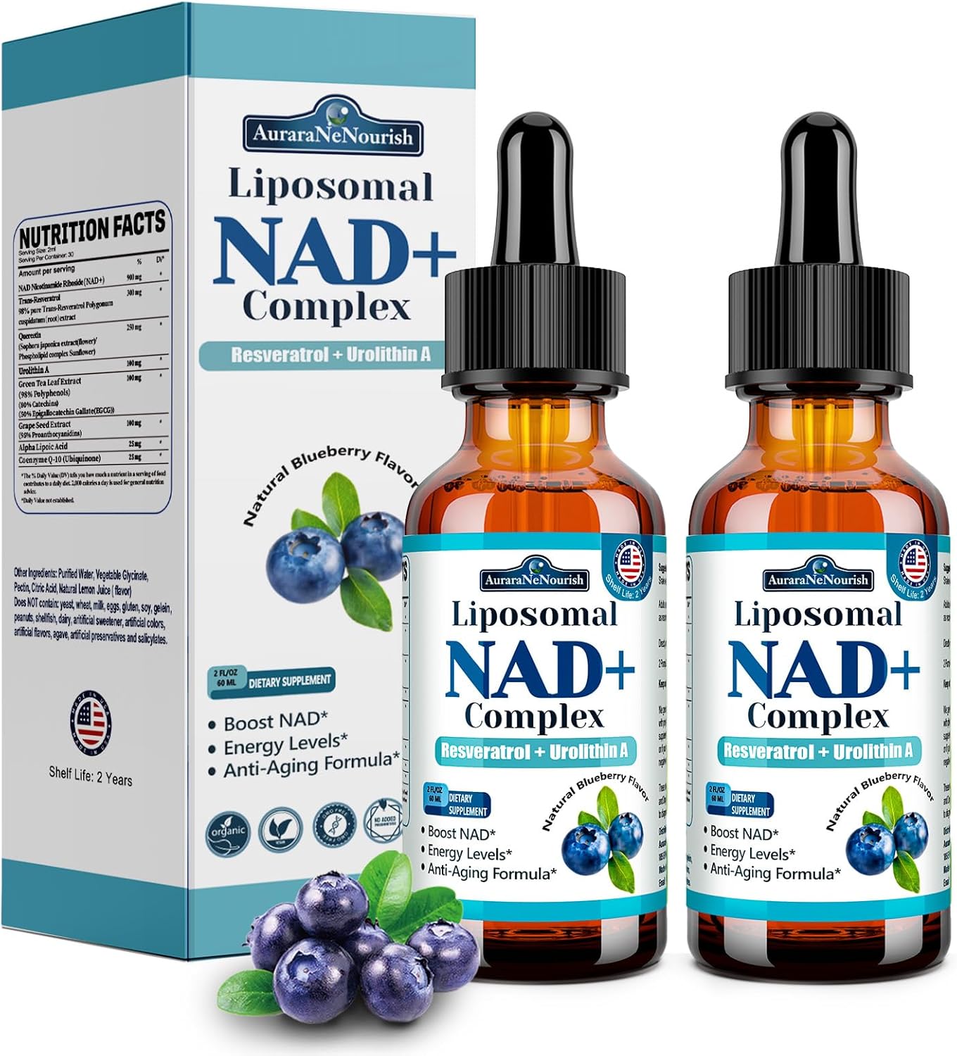 Liposomal NAD+ Liquid Drops, 8-in-1 NAD⁺ Nicotinamide Riboside Resveratrol 900mg w. Quercetin & Urolithin A | Fast Absorption NAD+ Supplement with CoQ10, ALA| Cellular Energy, Anti-Aging, Vitality