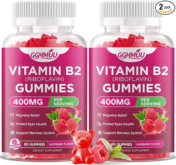 2 Pack Vitamin B2 Gummies Riboflavin 400mg Supplement with Magnesium for Kids & Adults B2 Gummies for Migra*ne Rel*ef, Nervous System Support & Skin Health, Raspberry Flavor, 120 Count