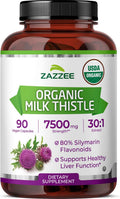 Zazzee USDA Organic Milk Thistle 30:1 Extract, 7500 mg Strength, 90 Vegan Capsules, 80% Silymarin Flavonoids, Healthy Liver Detox & Cleanse Support, 100% Vegetarian, Non-GMO, Made in The USA