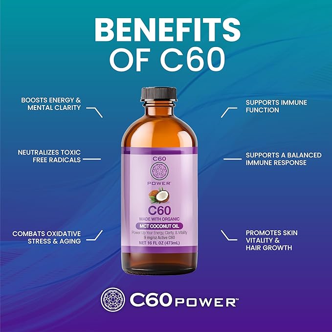 C60 Power C60 in Organic MCT Coconut Oil - Natural Wellness & Antioxidant Support for Men & Women, 99.99% Pure Carbon Fullerenes, Promotes Energy, Mental Clarity, & Stamina - 16 fl oz Bottle