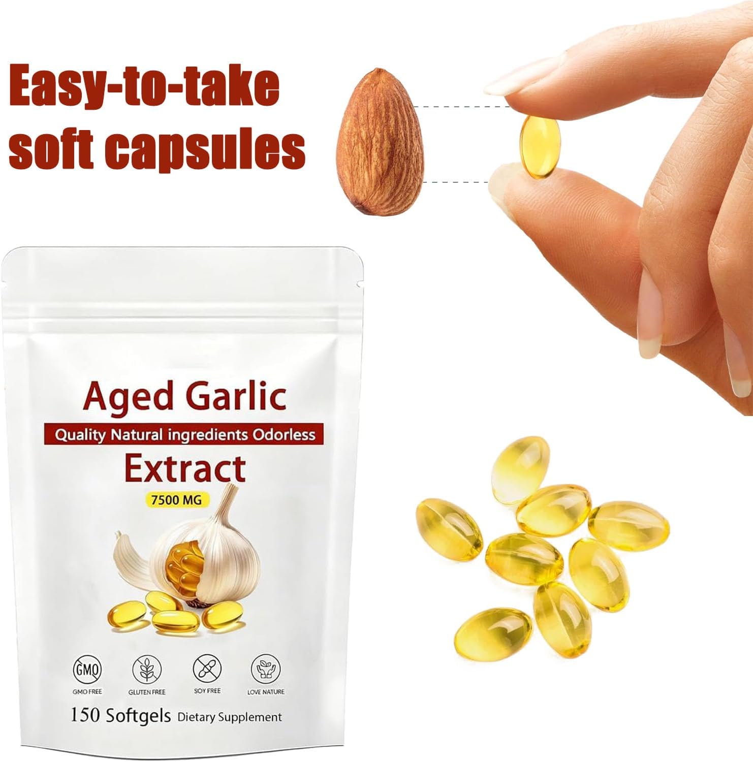 Aged Garlic Extract - 7500mg Odorless, Organic Garlic Extract Capsules, All-Natural, Non-GMO, 150 Softgels(1 PCS)