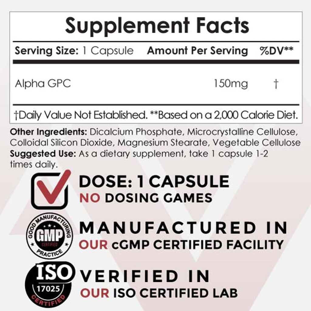 Nootropics Depot Alpha GPC Capsules | 150mg | 180 Count | Cholinergic Supplement | Brain Health Supplement | Supports Healthy Brain Function | Enhance Cognition, Memory + Focus