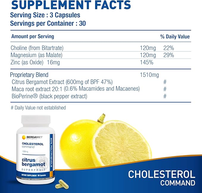 Cholesterol Command, Citrus Bergamot SuperFruit Supplement, 47% Bergamot Polyphenol Fraction (BPF) Patented Formula, Made in The USA, 1 Month, 90 Capsules