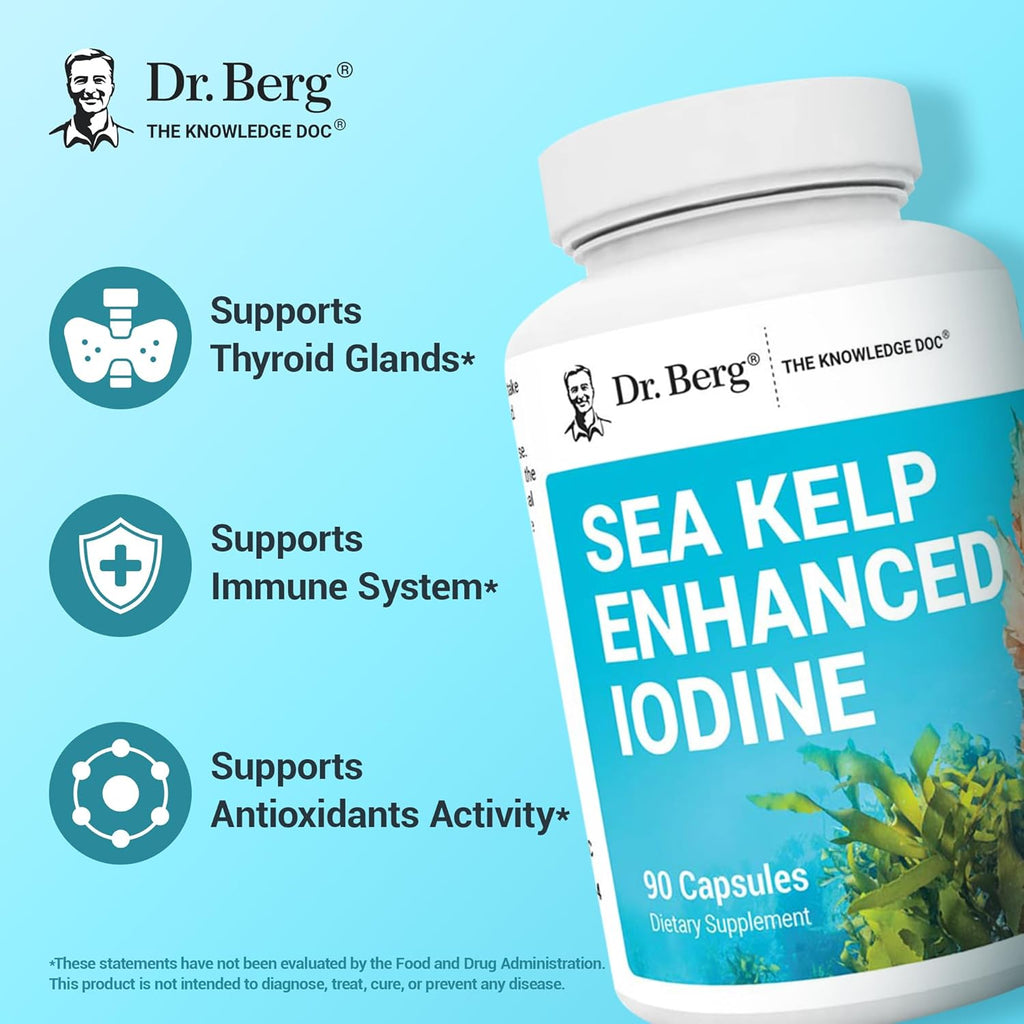 Dr. Berg Sea Kelp Enhanced Iodine - 200 mcg of Premium Iodine - Seaweed Blend Includes Klamath Blue-Green Algae & Sea Kelp - 90 Capsules