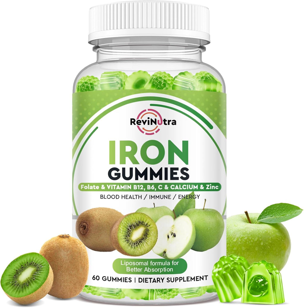 Iron Supplement Gummies for Adults & Kids - with Calcium, Zinc, Folate & Multivitamin - Blood Builder & Energy Support & Immune Health for Iron Deficiency, Anemia, Vegan -Apple & Kiwi Flavor 60 Count