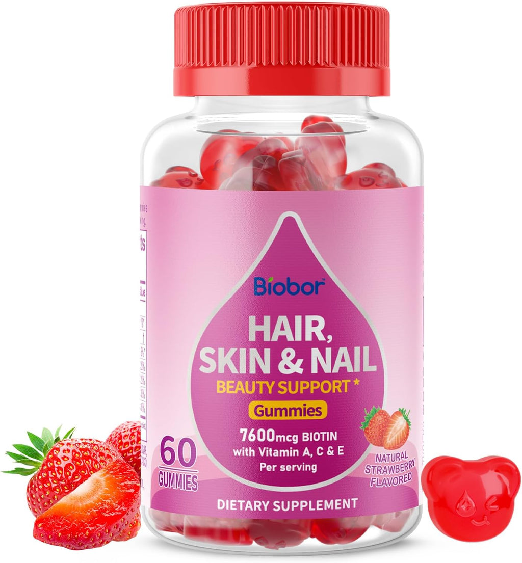Natural Hair Skin and Nails Vitamins Gummies, 7600mcg Biotin Gummies for Women Men Beauty Support, Non-GMO, Gluten Free (Strawberry Flavor, 60 Count)