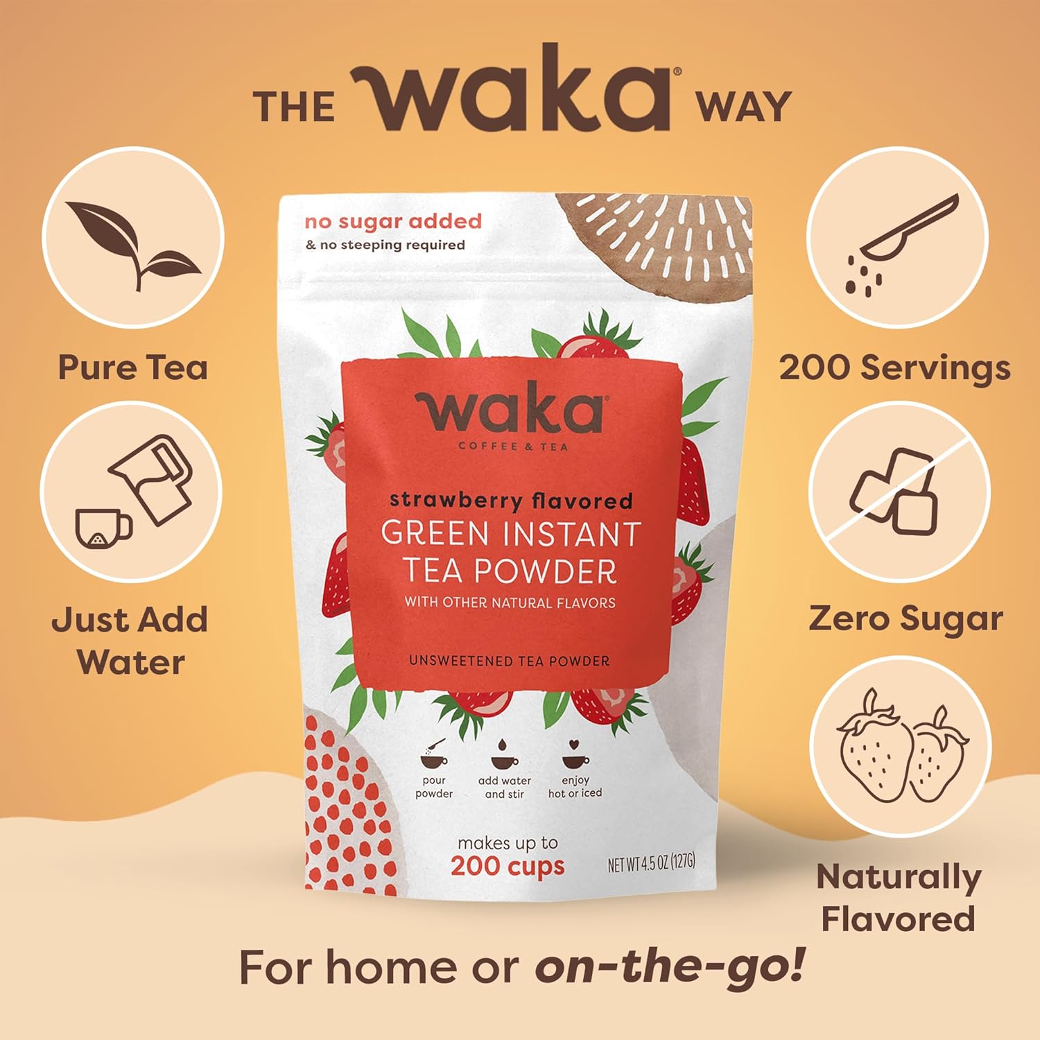 Waka Instant Green Tea Mix, Strawberry Flavored - 100% Tea Leaves, No Additives, Unsweetened Tea Powder in Bulk Pouch – Easy Quick Hot and Iced Teas, Up to 200 Cups (4.5oz)
