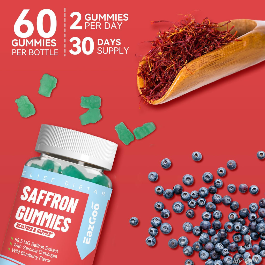 Saffron Supplements Gummies, Saffron Extract for Positive Mood & Calm Nerve, Boost Energy, with Garcinia Cambogia, Vitamin A, B12, Rhodiola Rosea - 120 Gummies