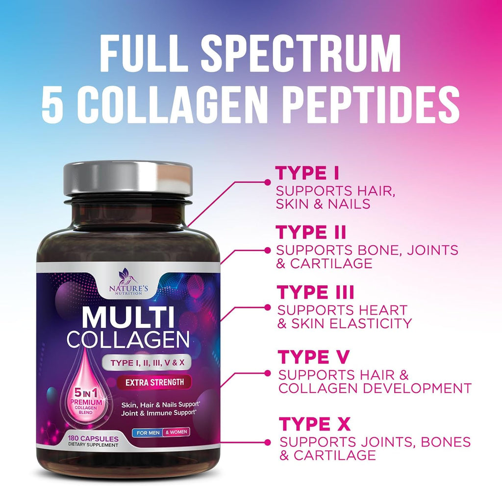 Multi Collagen Supplement 2400 mg - Types I, II, III, V & X Multi Collagen Peptides Pills for Women & Men, Hydrolyzed Collagen Supplements, Hair, Skin, Nail, & Joint Support Supplement - 180 Capsules