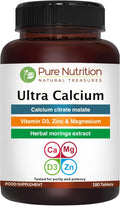 Pure Nutrition Ultra Calcium Citrate 1000mg Highly absorbable Calcium Supplement with Calcium Citrate Malate, Vitamin D, Zinc and Magnesium - 1 Tablet Daily (180 Veg Tabs) Non-GMO | Gluten-Free