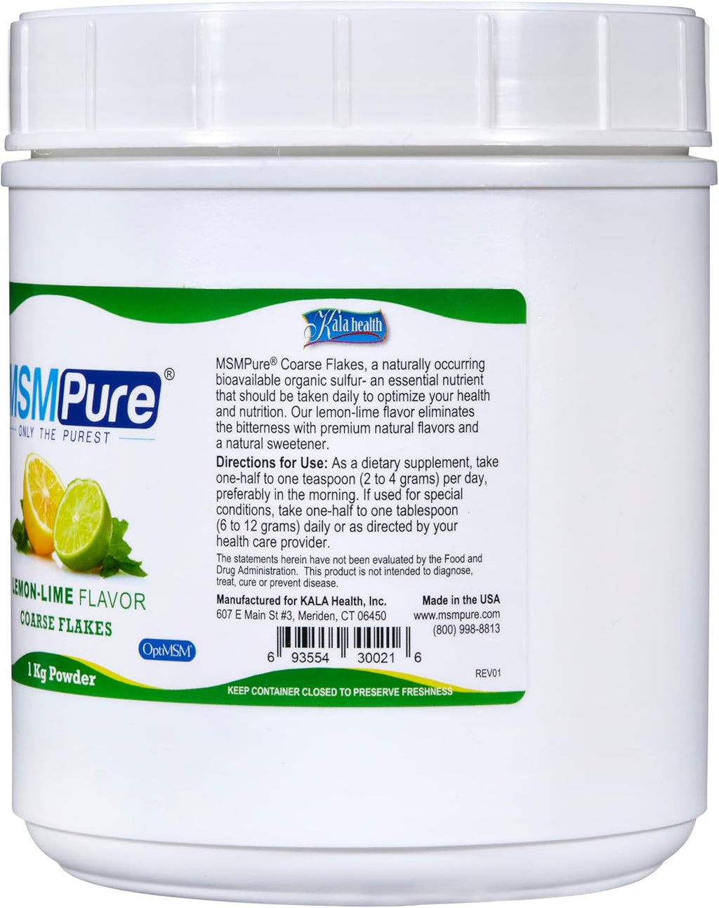 KALA HEALTH MSMPure Lemon Lime Flavored Coarse MSM Powder Flakes – US-Made MSM for Joint Health, Skin Appearance, and Hair & Nail Support – 2.2 lb, Organic Sulfur