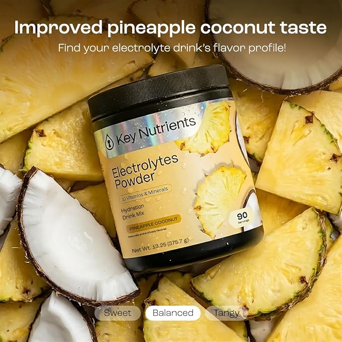 KEY NUTRIENTS Multivitamin Electrolytes Powder No Sugar - Tropical Pineapple Coconut Electrolyte Powder - Endurance & Energy Supplement - Hydration Powder - No Calories - 90 Servings - Made in USA