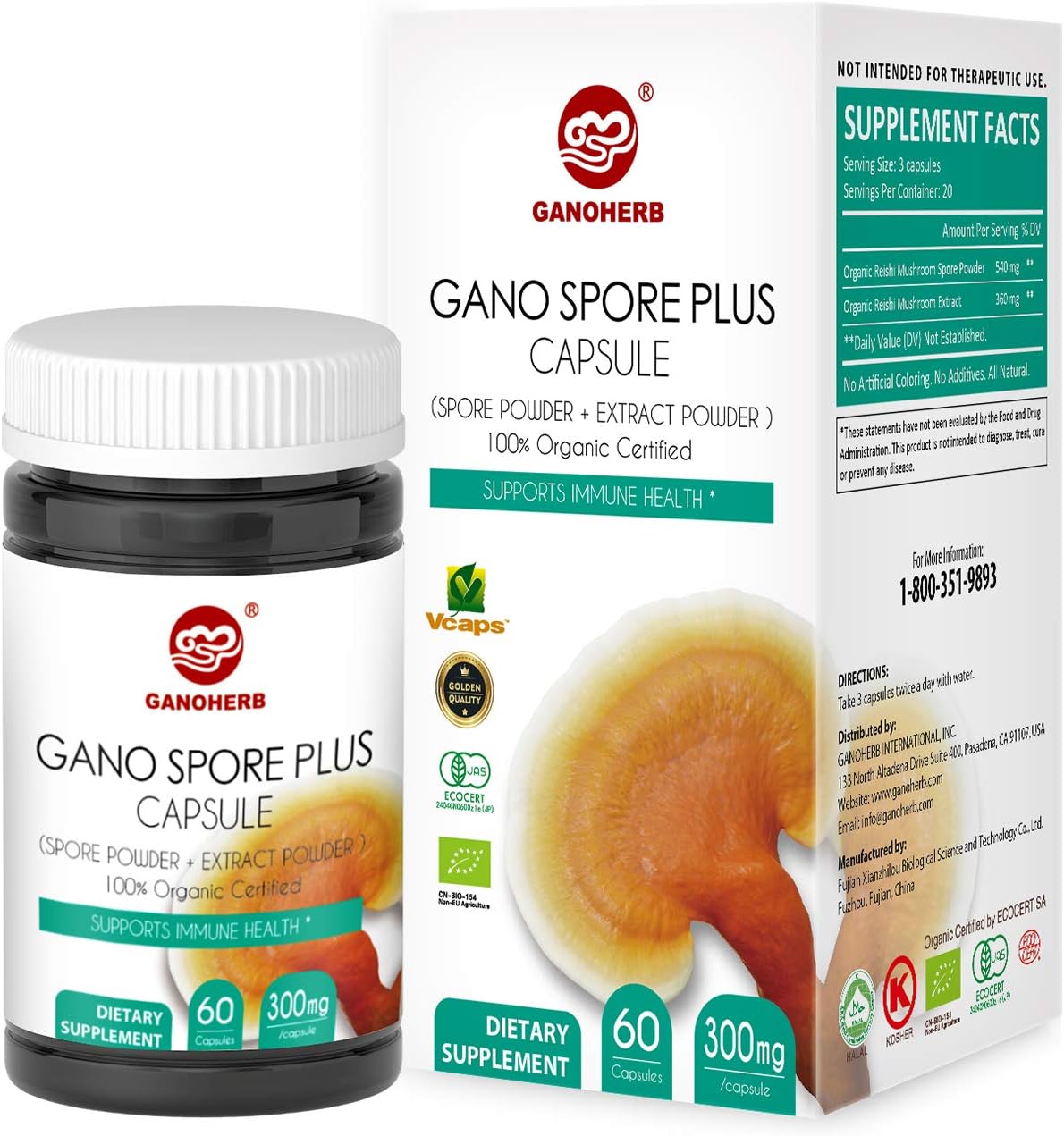 Organic Reishi Mushroom Spore Plus Capsules with 100% Ganoderma Lucidum Spore Powder+ Extract, Vegan, All Natural, Non-GMO & Gluten Free, 60 Veggie Capsules