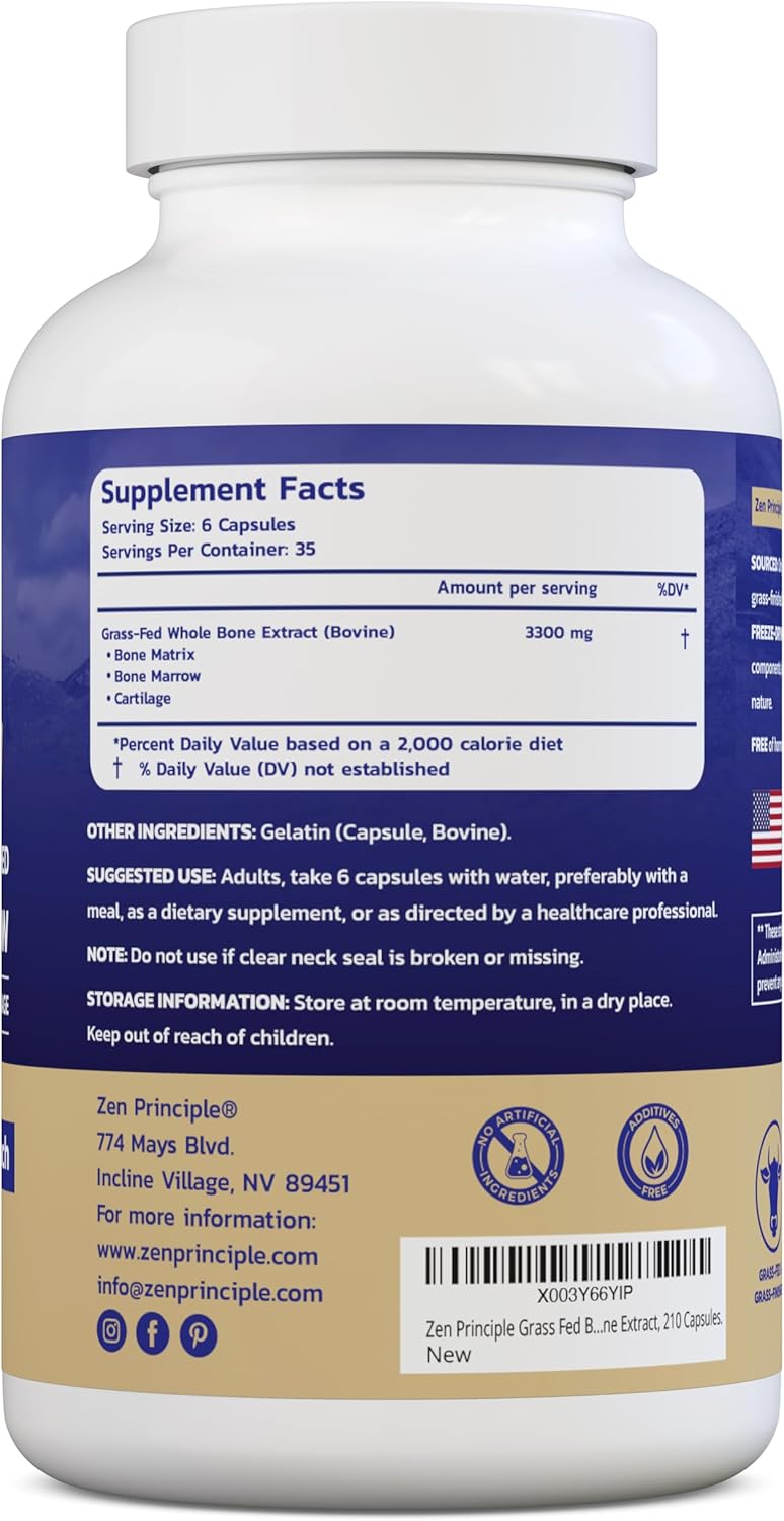 Zen Principle Grass Fed Beef Bone Marrow Supplement, 3300mg. Skin, Oral Health, and Joint Support. Promotes Whole-Body Wellness. Whole Bone Extract, 210 Capsules.