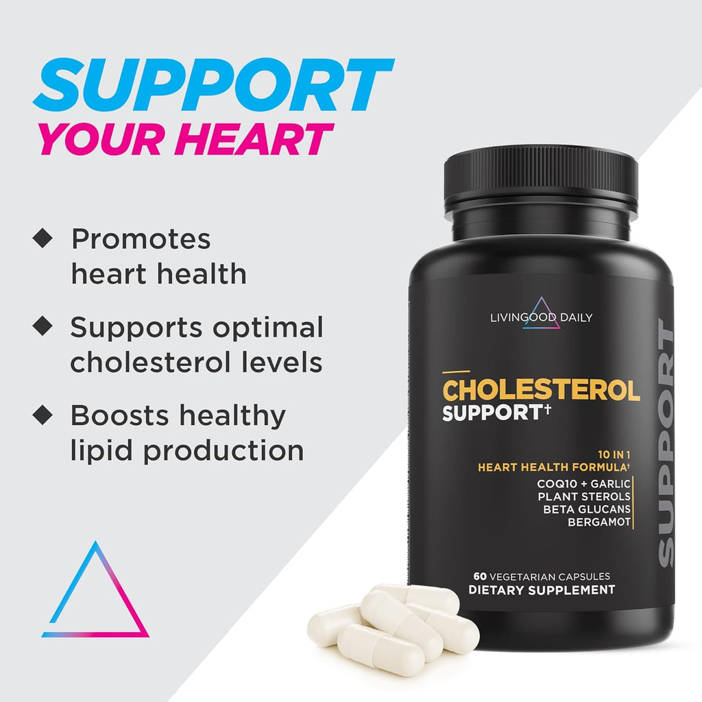 Livingood Daily Cholesterol Support Supplement with Garlic, CoQ10, Vitamin E, Bergamot, Plant Sterols for Body and Heart Health Support, Supports LDL and Triglycerides, Gluten Free, Vegan, 60 Capsules