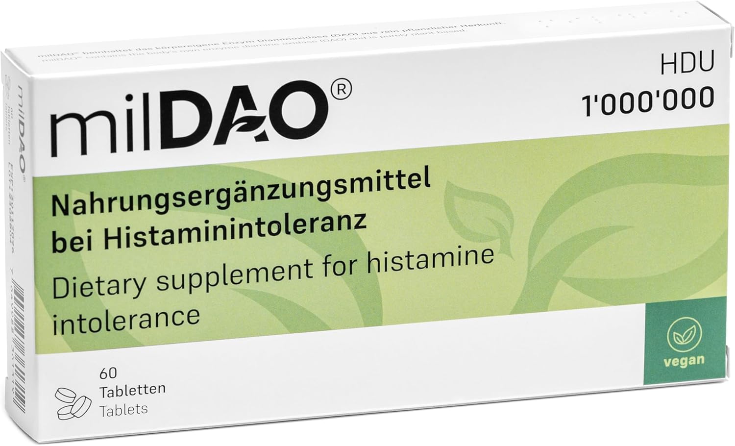 milDAO® – 60 Vegan Tablets | DAO Enzyme Supplement for Histamine Intolerance | 1,000,000 HDU per Tablet | with Catalase | Lyophilized | Foil Pouch with Silica Gel for Maximum Stability