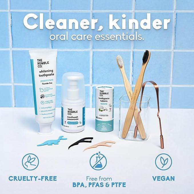 The Humble Co Chewable Toothpaste Tablets with Fluoride, Mint - Bite, Chew, Brush - Zero Water & Plastic Free Toothpaste Tabs - Travel-Friendly & Waste-Free Dental Oral Care Hygiene - 180 Count