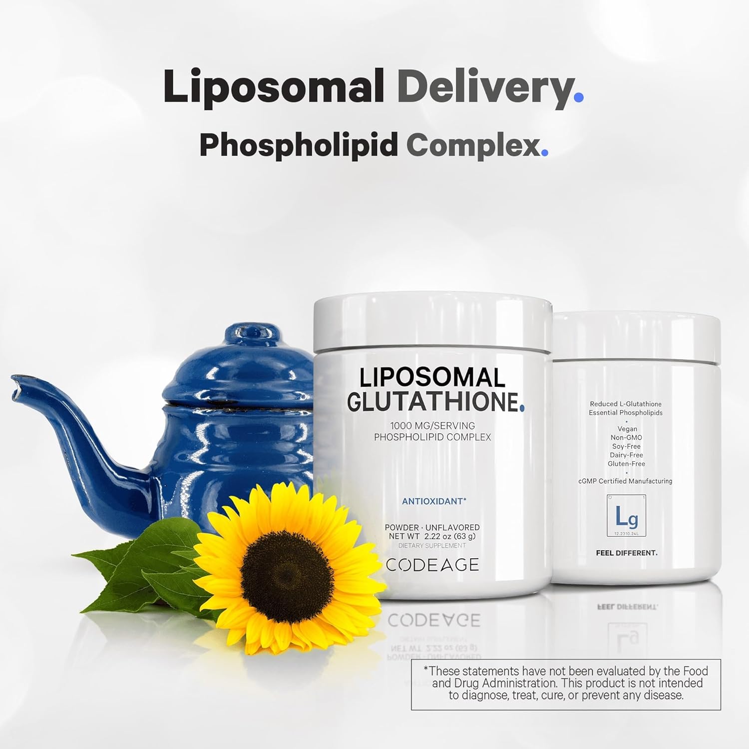 Codeage Liposomal Glutathione Powder - 1,000 mg L-Glutathione per Serving, Liposomal Delivery - 2-Month Supply - Vegan Reduced L-Glutathione - Unflavored - Phospholipid - Non-GMO Gluten-Free - 2.22 Oz