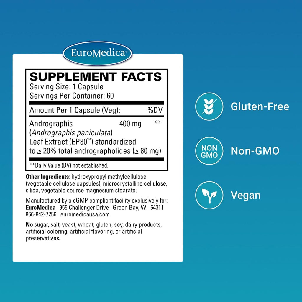 EuroMedica Andrographis EP80 - Supplement for Brain Health & Immune Support - Joint Health Support Supplement to Aid Mobility - Vegan Adaptogen Supplement for Energy & Liver Support - 60 Capsules