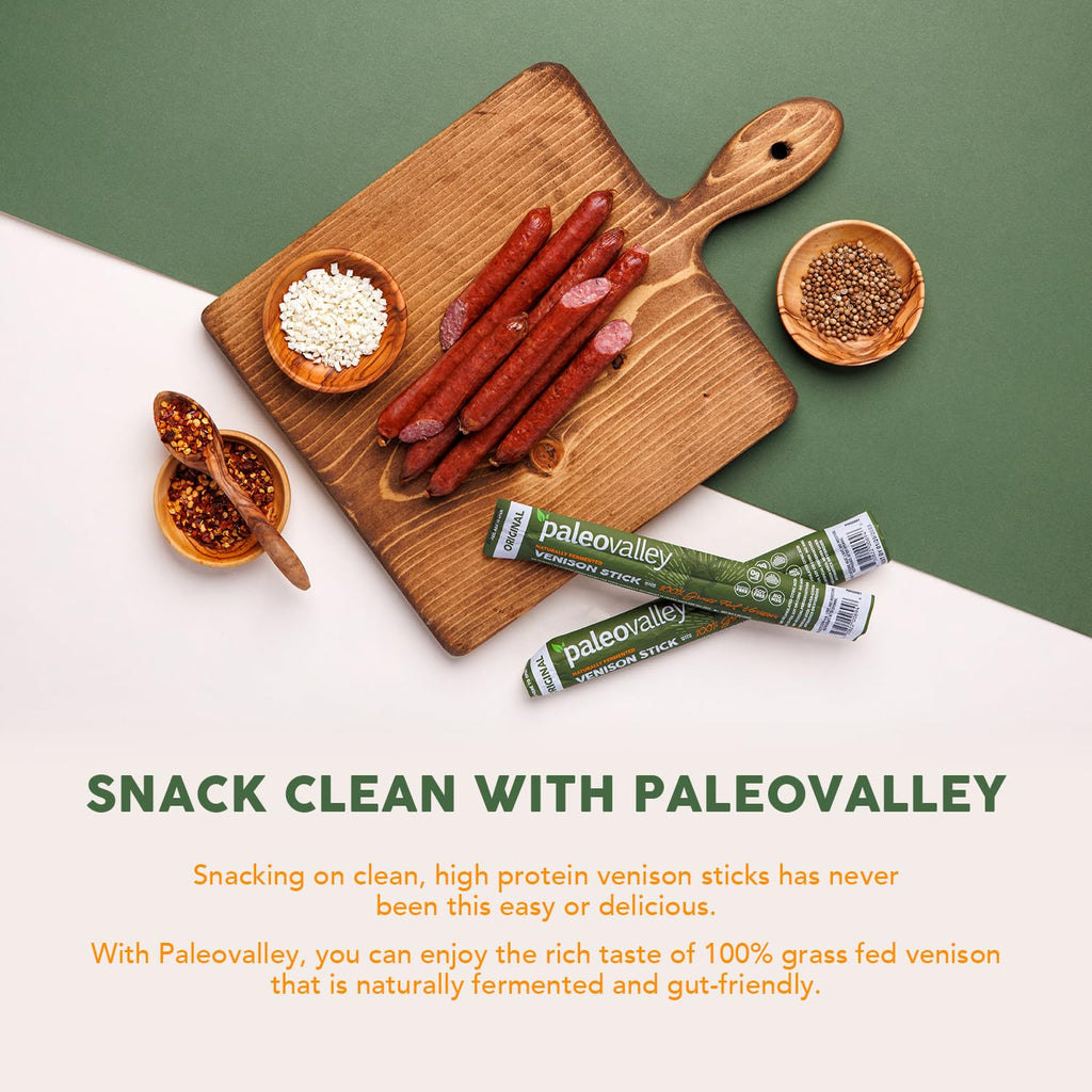 Paleovalley 100% Grass Fed Venison Sticks – 10 Pack – Keto-Friendly, High Protein, Low-Calorie Snack – Omega-3 Rich, Gluten-Free, Nitrate-Free, Naturally Flavored – Healthy On-the-Go Meat Snack