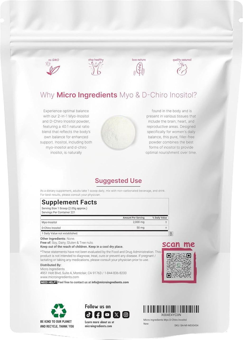 Micro Ingredients Myo-Inositol & D-Chiro Inositol Powder, 1lb (221 Servings) | 40:1 Ideal Ratio Inositol Supplement for Women | Supports Hormonal Balance & Ovarian Health | Non-GMO, Vegan, Filler-Free
