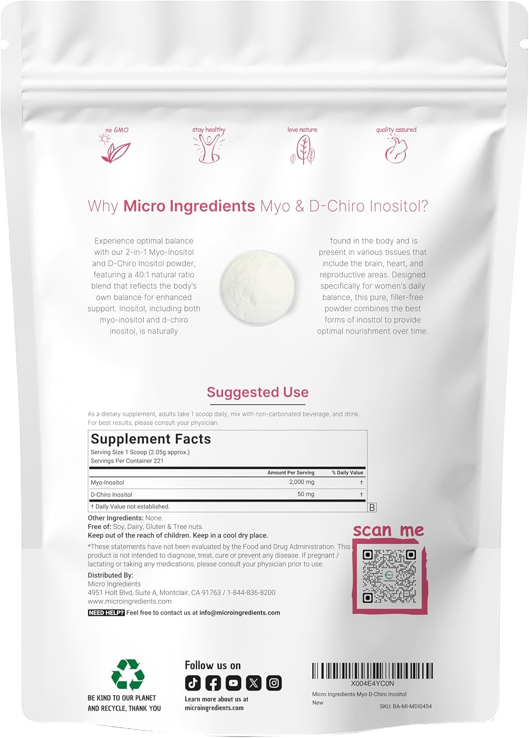Micro Ingredients Myo-Inositol & D-Chiro Inositol Powder, 1lb (221 Servings) | 40:1 Ideal Ratio Inositol Supplement for Women | Supports Hormonal Balance & Ovarian Health | Non-GMO, Vegan, Filler-Free