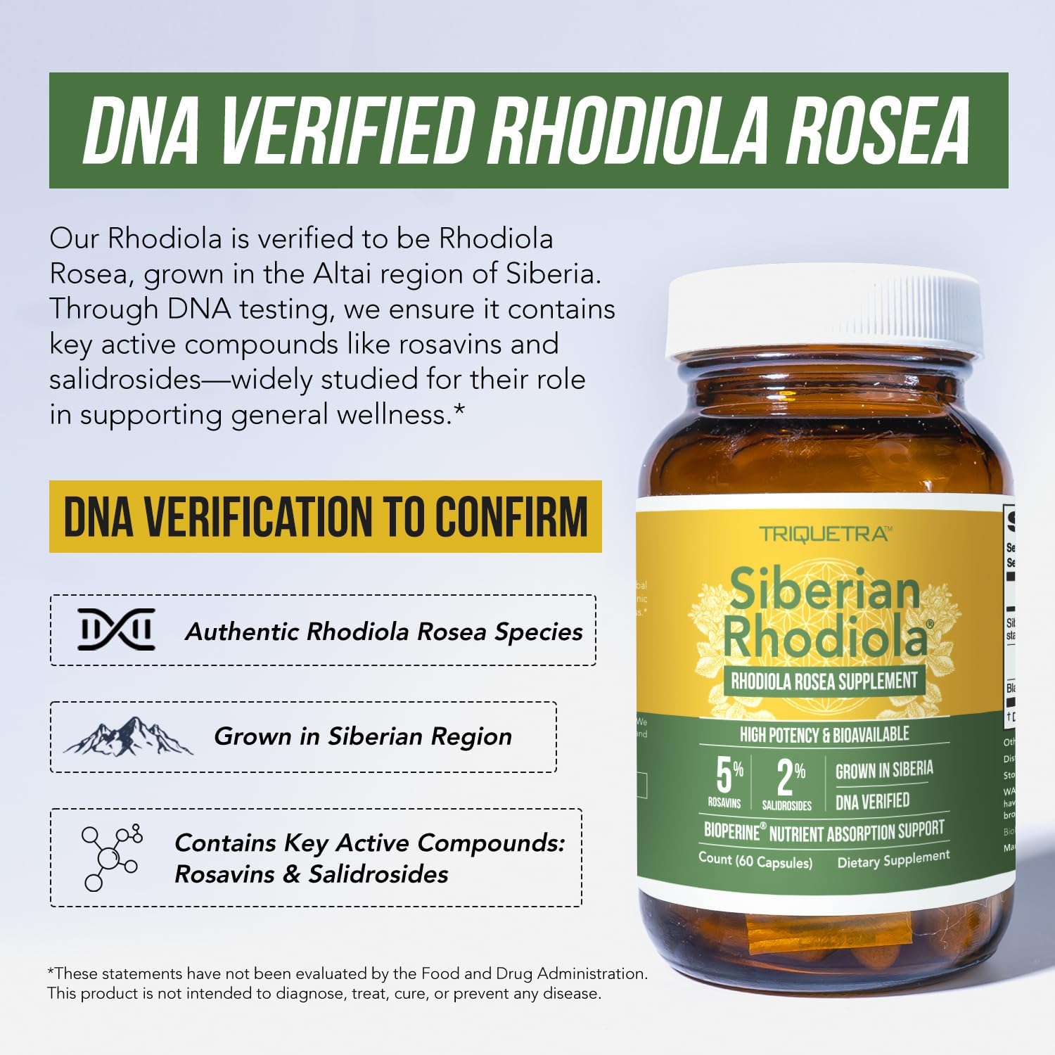 Max Strength Siberian Rhodiola®: Rhodiola Rosea 5% Rosavins, 2% Salidroside & BioPerine® for Enhanced Absorption – Helps Support Stress, Energy & Focus* – Grown in Siberia, DNA Verified (60 Capsules)