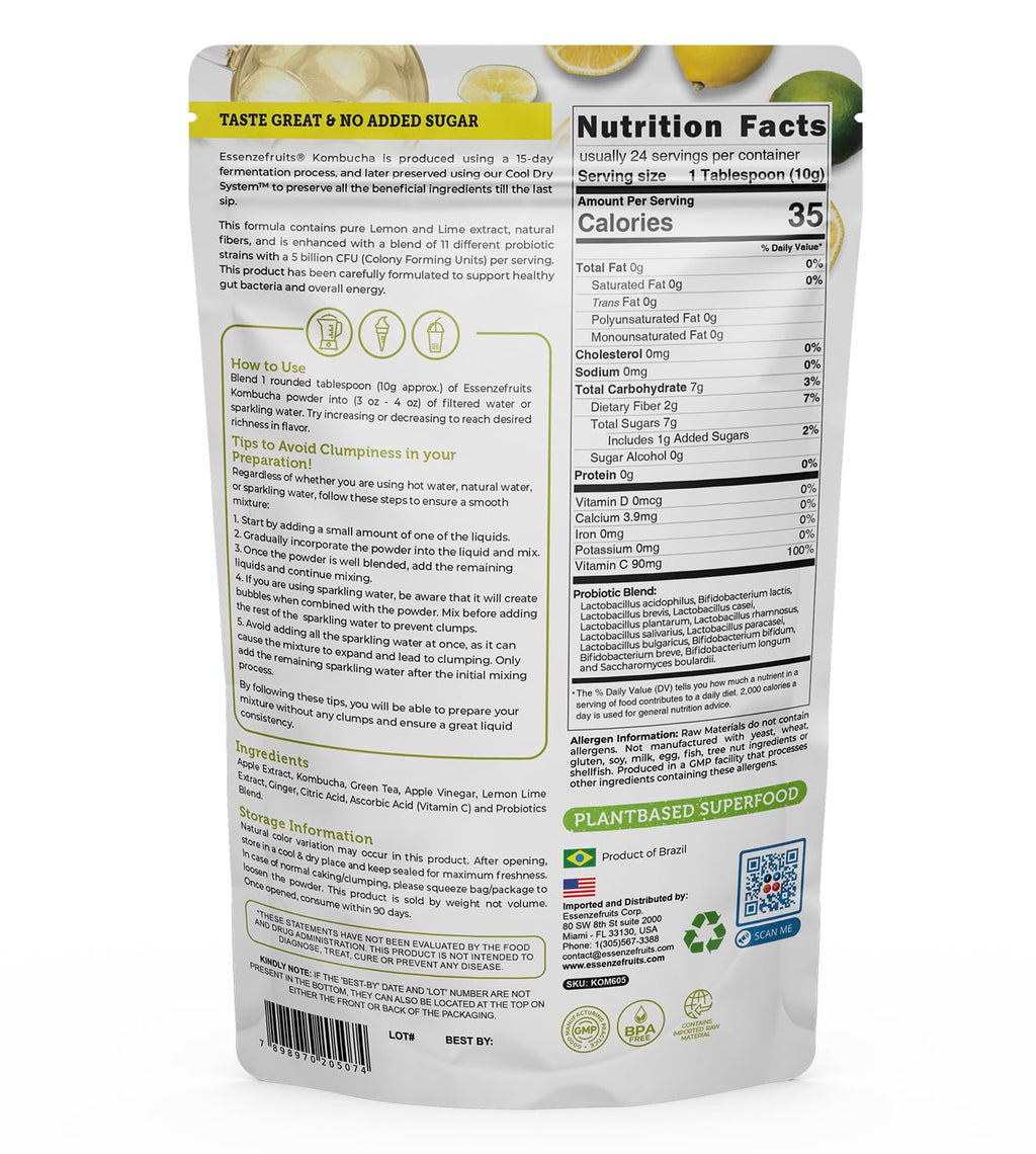 Essenzefruits Lemon Lime Ginger Kombucha Powder Tea Mix Beverage - Sugar Free, Fermented & Dried - Just Add Water! Live Probiotics & Prebiotic Blend, Vitamin C - Makes up to 30 Cups (8 Oz, 226g)