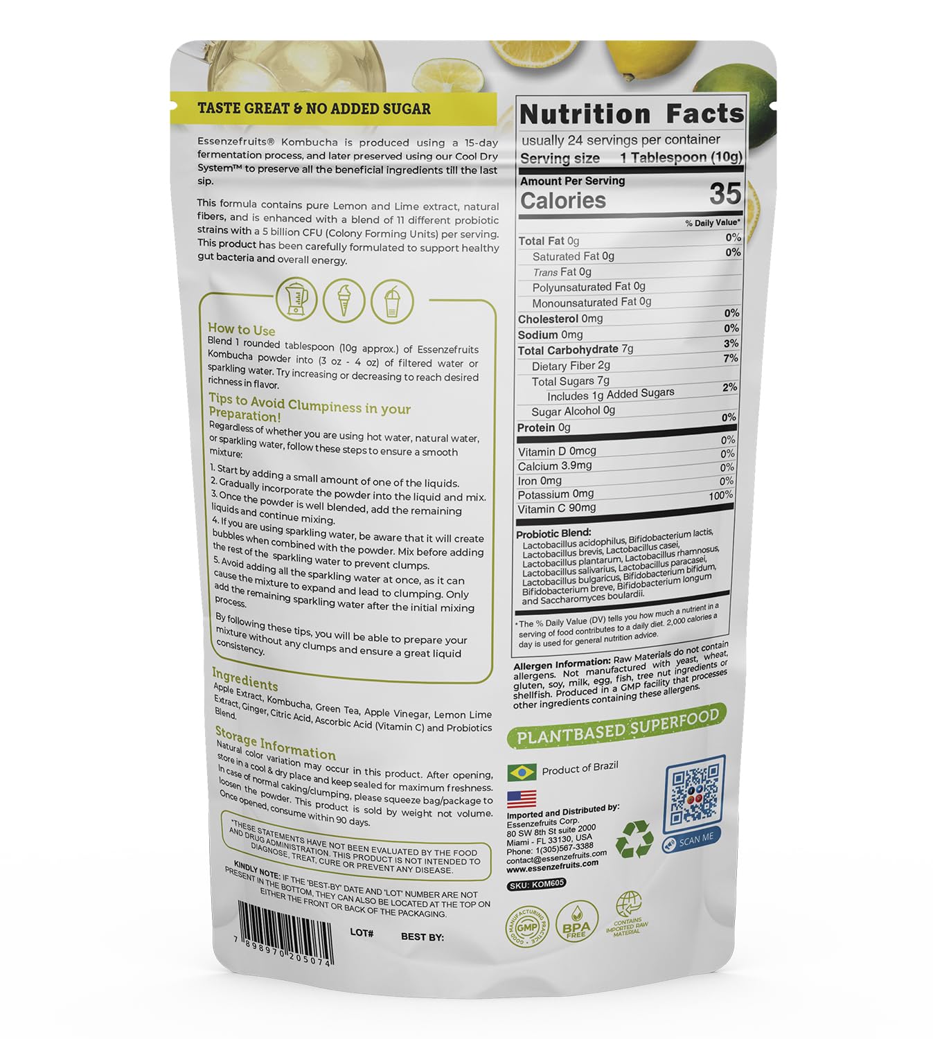 Essenzefruits Lemon Lime Ginger Kombucha Powder Tea Mix Beverage - Sugar Free, Fermented & Dried - Just Add Water! Live Probiotics & Prebiotic Blend, Vitamin C - Makes up to 30 Cups (8 Oz, 226g)