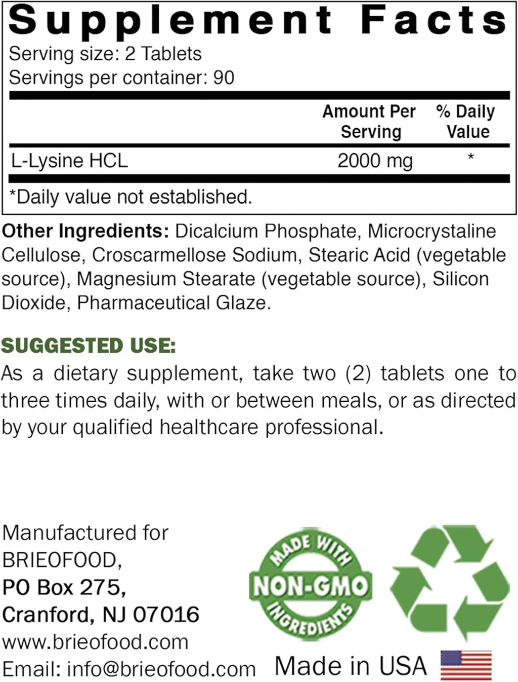 Brieofood L-Lysine 2000mg per Serving - 180 Vegetarian Tablets - Lysine for Cats & Immune Health