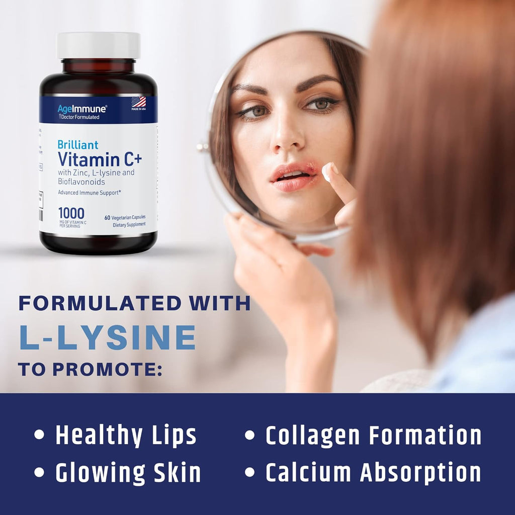Vitamin C 1000mg Complex with L-Lysine 500mg, Zinc Gluconate 12mg, Bioflavonoids 300mg. Doctor Formulated Magnesium Stearate Free Supplements for Healthy Immune System Support. Two Bottles.(2)