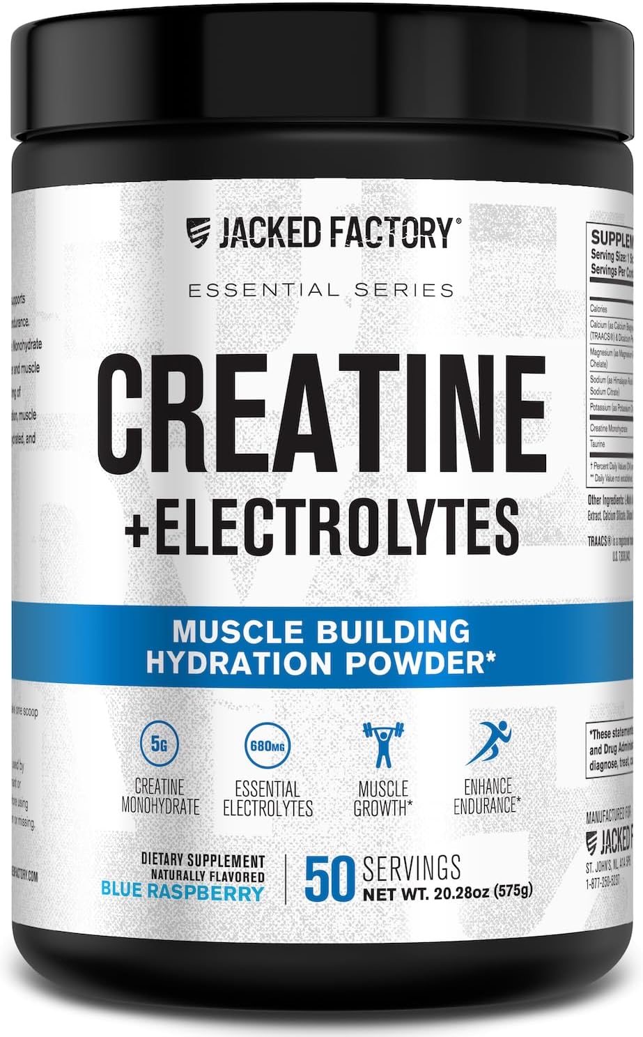 Jacked Factory Creatine + Electrolytes - Creatine Monohydrate with Taurine, Calcium, Sodium, & Potassium to Increase Muscle Growth, Strength, Hydration, & Endurance - 50 Servings, Blue Raspberry