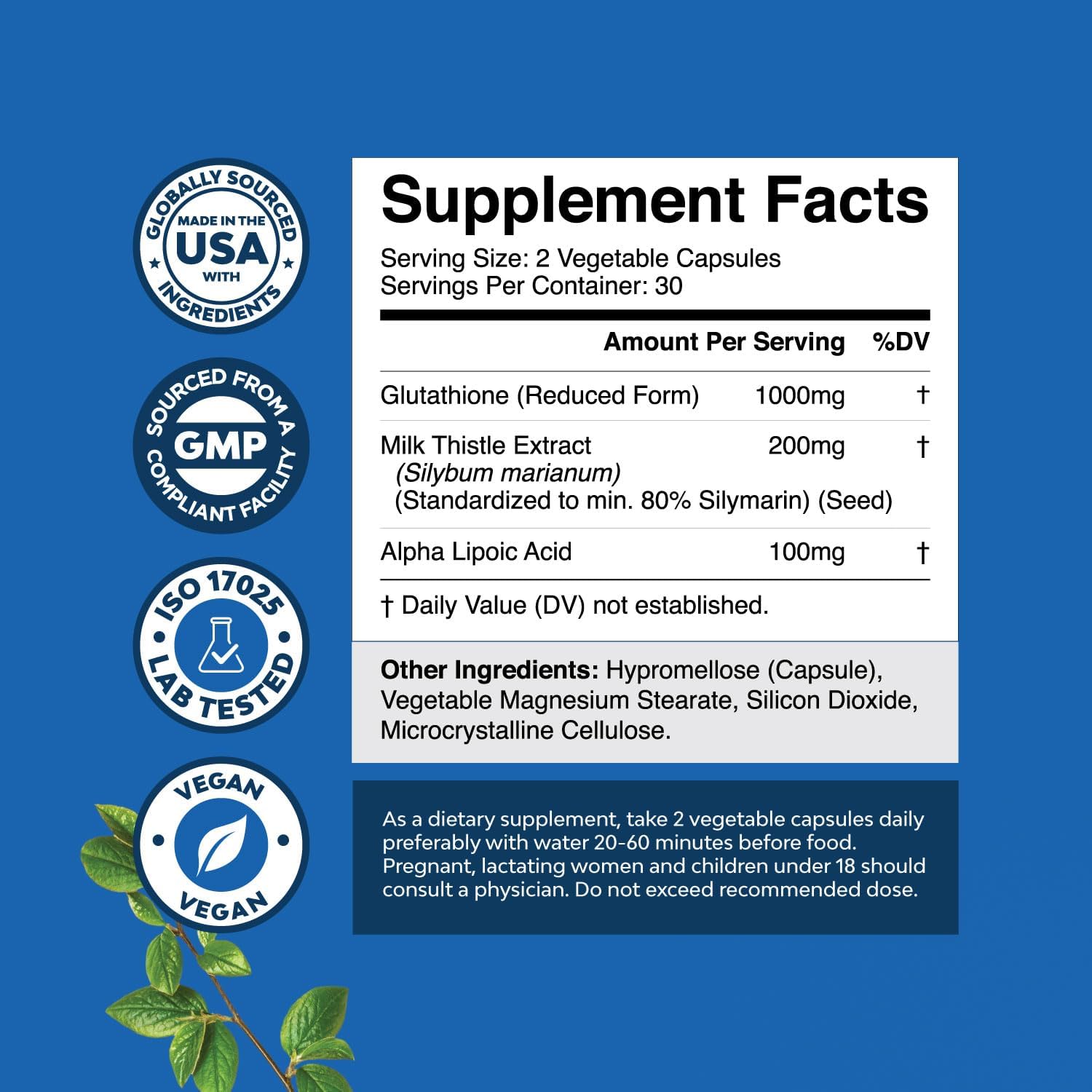 Reduced Glutathione Supplement with Milk Thistle - 1000mg per Serving Pure L Glutathione with Alpha Lipoic Acid & Milk Thistle Silymarin for Skin Radiance, Liver Support & Immune Support - 60 Count