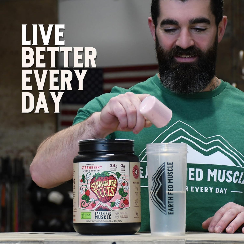 Earth Fed Muscle Strawberry Feels (Forever) – Irish Truly Grass‑Fed Whey Protein Isolate, No Sugar, Soy‑Free, Gluten‑Free (2 lb, 29 Servings, Strawberry)