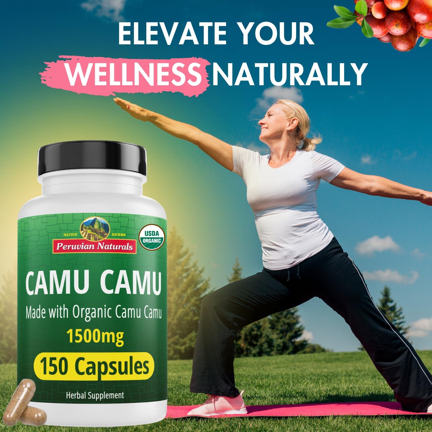Peruvian Naturals Organic Vitamin C from Camu Camu Capsules 1,500mg - 150 Vegan Pills, Natural Vitamin C from Whole Food Camu Berry Organic, Non-GMO