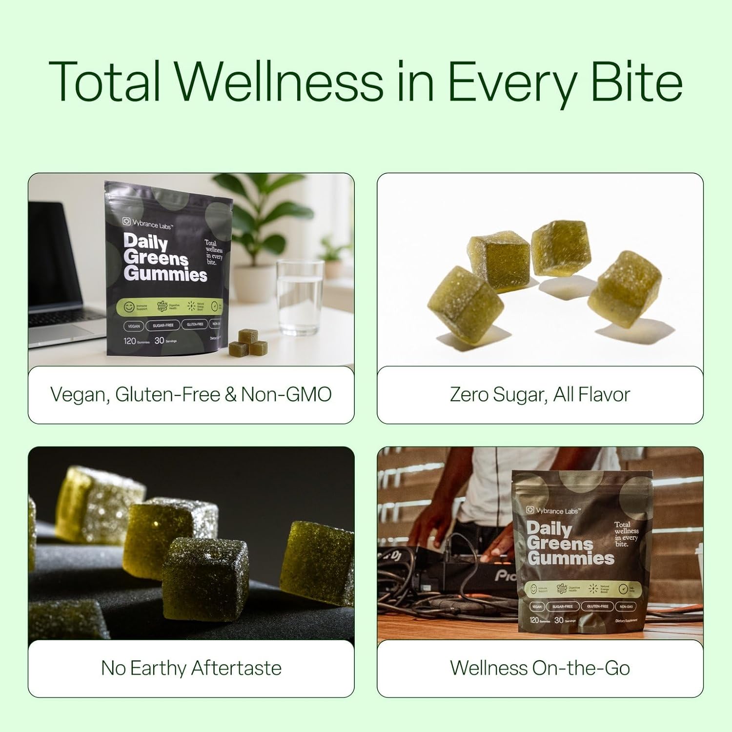 VYBRANCE LABS™  Super Greens Gummies | Vegan, Sugar‑Free | Prebiotics + Probiotics & Enzymes | Gut & Immune Support, Natural Energy | Mixed Berry | 120 Gummies (30 Servings) | Non‑GMO, Gluten‑Free