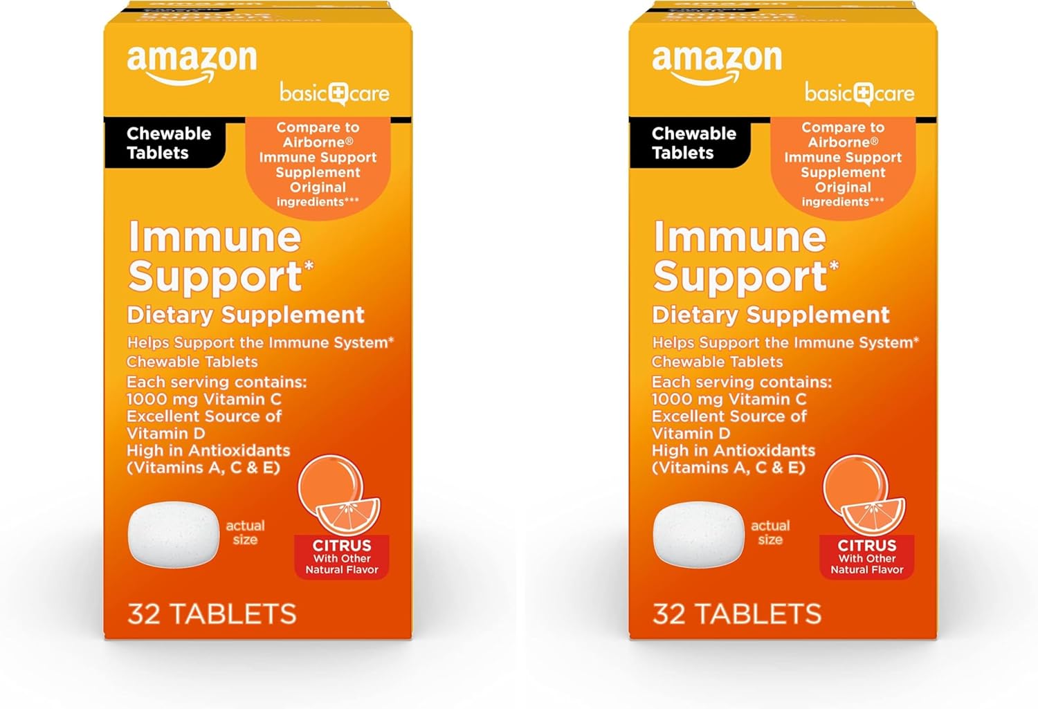 Amazon Basic Care Immune Support Citrus Chew Tablets, 32 Count (Pack of 2)