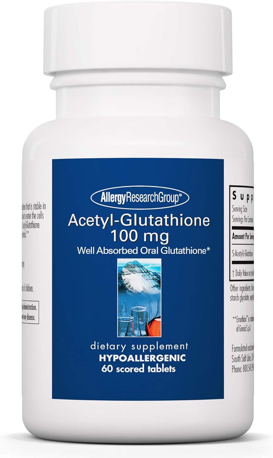 Allergy Research Group Acetyl-Glutathione - S-Acetyl-L-Glutathione, Well Absorbed Oral Immune Support, 100 mg Supplement, Hypoallergenic, Scored Tablets - 60 Count