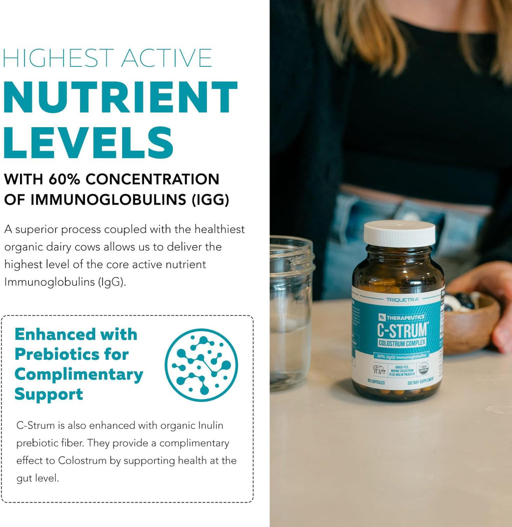 C-Strum® Organic Bovine Colostrum Supplement, 60% igG, First Milking, Grass Fed, Max Strength Colostrum Capsules from German Dairy Cows - Gut, Immunity, Skin & Hair Support (90 count)