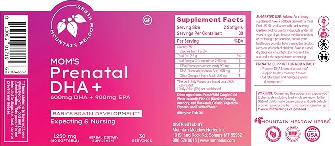 Mountain Meadow Herbs - Mom's Prenatal DHA+ Omega-3 Supplement for Pregnancy, Supports Fetal Brain, Eye & Heart Development, Essential Prenatal Nutrition for Mom & Baby Health, 60 ct
